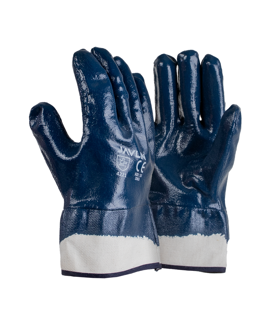 Javlin Premium Blue Nitrile Fully Coated Canvas Cuff Gloves