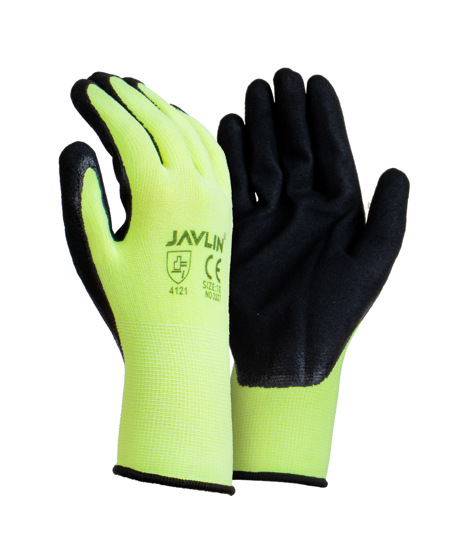 Javlin Hi Vis Palm Dipped Double Coated Nitrile Flexi Gloves