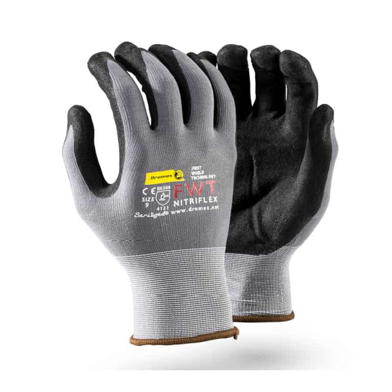 DROMEX NITRIFLEX BLACK SANITIZED NITRILE PALM COATED & ON GREY SHELL